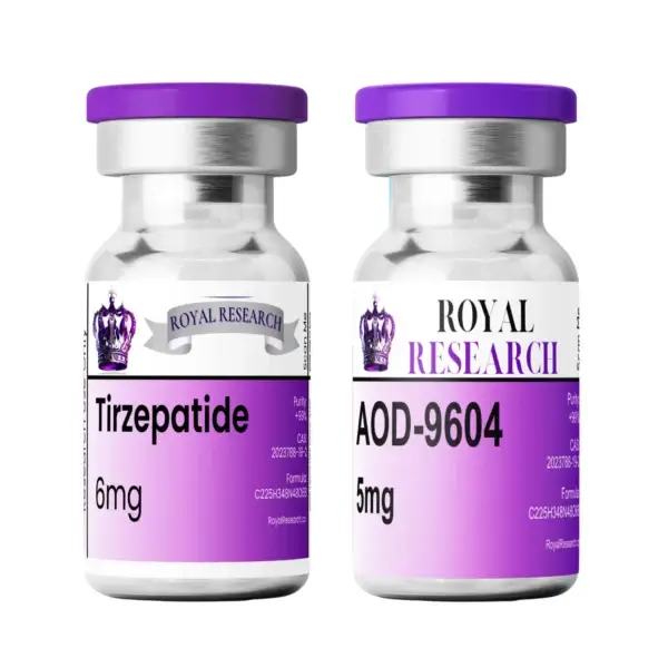 Royal Research Tirzepatide 6mg and AOD-9604 5mg research peptide vials, high-purity formulation for scientific studies.